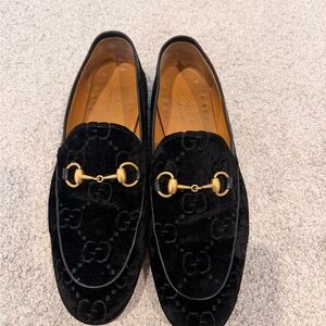 Gucci Black Velvet Loafers with Gold Detailing